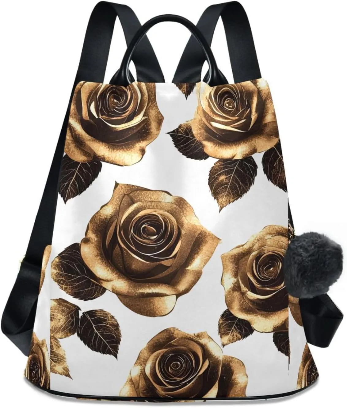 Backpack Purse for Women Brown Gold Leaves Flower Nylon Anti-theft Fashion Travel Back Pack Lightweight Shoulder Bag with Plush Ball Keychain