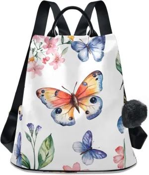 Backpack Purse for Women Butterfly Flowers Pattern Leaves Nylon Anti-theft Fashion Travel Back Pack Lightweight Shoulder Bag with Plush Ball Keychain