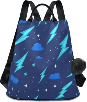 Backpack Purse for Women Cartoon Lightning Cloud Blue Pattern Nylon Anti-theft Fashion Travel Back Pack Lightweight Shoulder Bag with Plush Ball Keychain