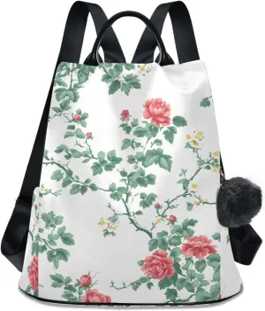 Backpack Purse for Women Coral Flower Green Leaves White Pattern Nylon Anti-theft Fashion Travel Back Pack Lightweight Shoulder Bag with Plush Ball Keychain