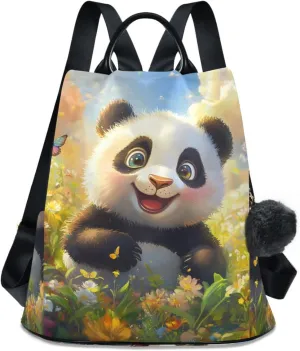 Backpack Purse for Women Cute Panda Floral Flower Butterfly Nylon Anti-theft Fashion Travel Back Pack Lightweight Shoulder Bag with Plush Ball Keychain