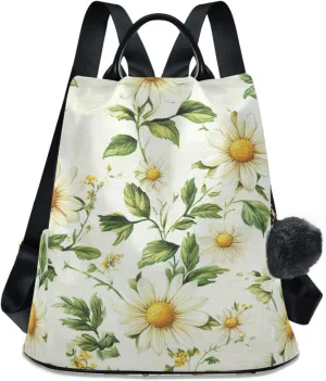 Backpack Purse for Women Daisies with Green Leaves Vintage Flowers Nylon Anti-theft Fashion Travel Back Pack Lightweight Shoulder Bag with Plush Ball Keychain