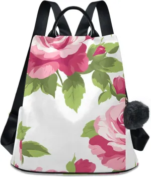 Backpack Purse for Women Flower Pink White Pattern Nylon Anti-theft Fashion Travel Back Pack Lightweight Shoulder Bag with Plush Ball Keychain