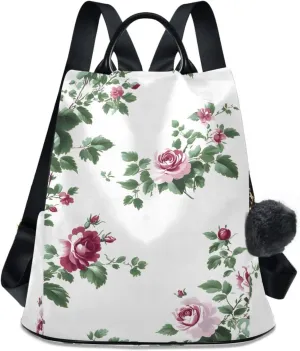 Backpack Purse for Women Flower Rose Pattern Green Leaves Nylon Anti-theft Fashion Travel Back Pack Lightweight Shoulder Bag with Plush Ball Keychain