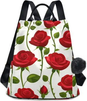Backpack Purse for Women Flower Rose Red Pattern Green Leaves Nylon Anti-theft Fashion Travel Back Pack Lightweight Shoulder Bag with Plush Ball Keychain