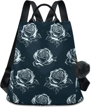 Backpack Purse for Women Flower White Black Pattern Rose Nylon Anti-theft Fashion Travel Back Pack Lightweight Shoulder Bag with Plush Ball Keychain