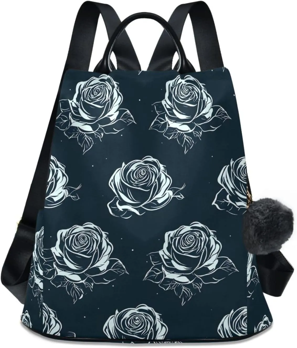 Backpack Purse for Women Flower White Black Pattern Rose Nylon Anti-theft Fashion Travel Back Pack Lightweight Shoulder Bag with Plush Ball Keychain