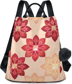 Backpack Purse for Women Geometric Flowers Peach Pattern Nylon Anti-theft Fashion Travel Back Pack Lightweight Shoulder Bag with Plush Ball Keychain