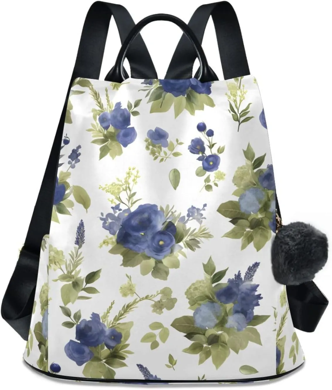 Backpack Purse for Women Green Leaves Blue Flower Nylon Anti-theft Fashion Travel Back Pack Lightweight Shoulder Bag with Plush Ball Keychain