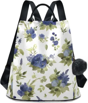 Backpack Purse for Women Green Leaves Blue Flower Nylon Anti-theft Fashion Travel Back Pack Lightweight Shoulder Bag with Plush Ball Keychain