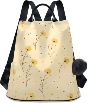 Backpack Purse for Women Little Flower Pattern Yellow Nylon Anti-theft Fashion Travel Back Pack Lightweight Shoulder Bag with Plush Ball Keychain