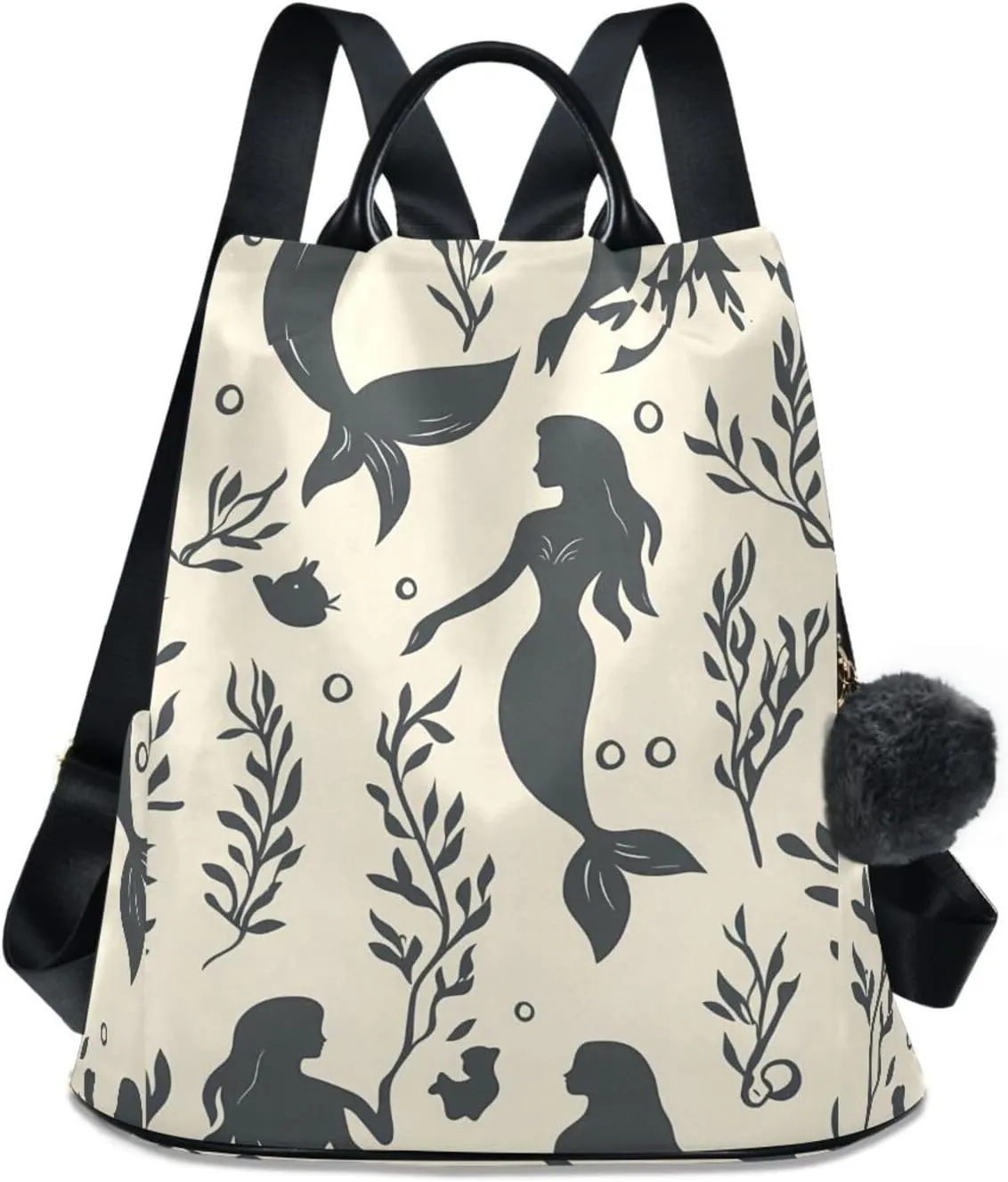 Backpack Purse for Women Mermaid Pattern Nylon Anti-theft Fashion Travel Back Pack Lightweight Shoulder Bag with Plush Ball Keychain