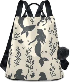 Backpack Purse for Women Mermaid Pattern Nylon Anti-theft Fashion Travel Back Pack Lightweight Shoulder Bag with Plush Ball Keychain