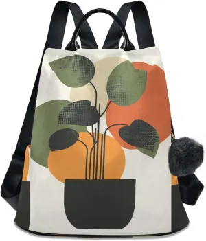 Backpack Purse for Women Mid Century Boho Orange Green Plants Nylon Anti-theft Fashion Travel Back Pack Lightweight Shoulder Bag with Plush Ball Keychain