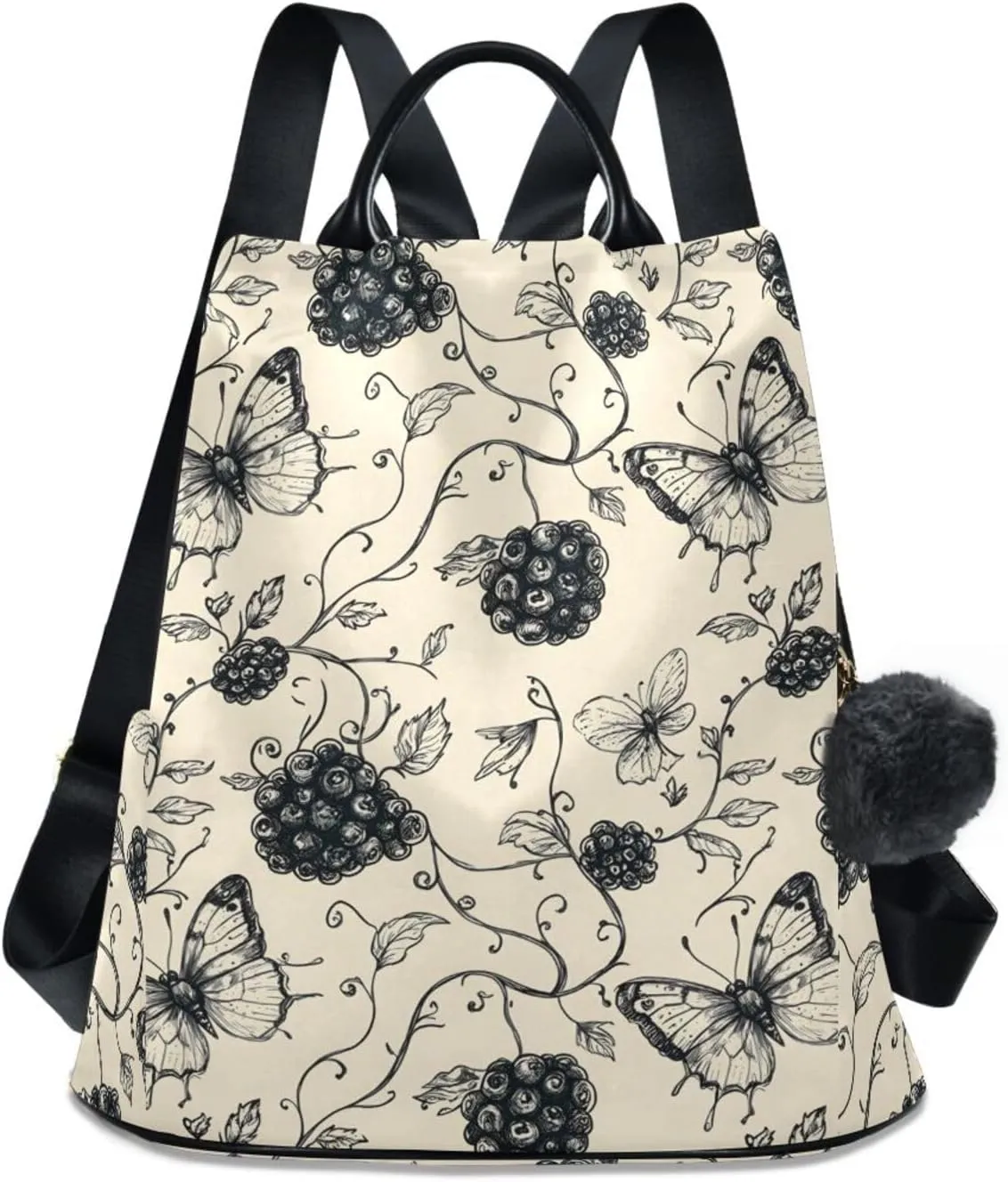 Backpack Purse for Women Mulberry Butterfly Pattern Grey Nylon Anti-theft Fashion Travel Back Pack Lightweight Shoulder Bag with Plush Ball Keychain