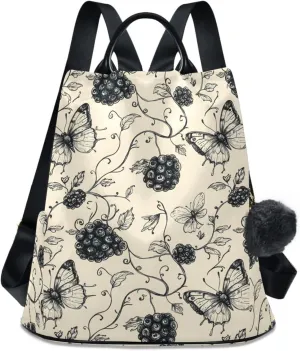 Backpack Purse for Women Mulberry Butterfly Pattern Grey Nylon Anti-theft Fashion Travel Back Pack Lightweight Shoulder Bag with Plush Ball Keychain