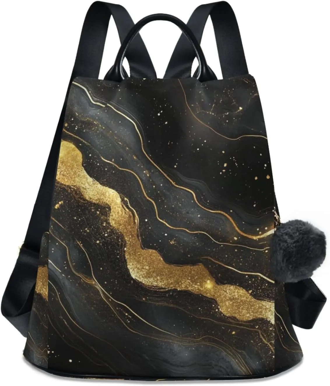 Backpack Purse for Women Ombre Black Gold Marble Pattern Nylon Anti-theft Fashion Travel Back Pack Lightweight Shoulder Bag with Plush Ball Keychain
