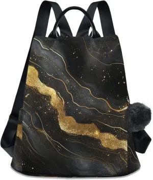 Backpack Purse for Women Ombre Black Gold Marble Pattern Nylon Anti-theft Fashion Travel Back Pack Lightweight Shoulder Bag with Plush Ball Keychain