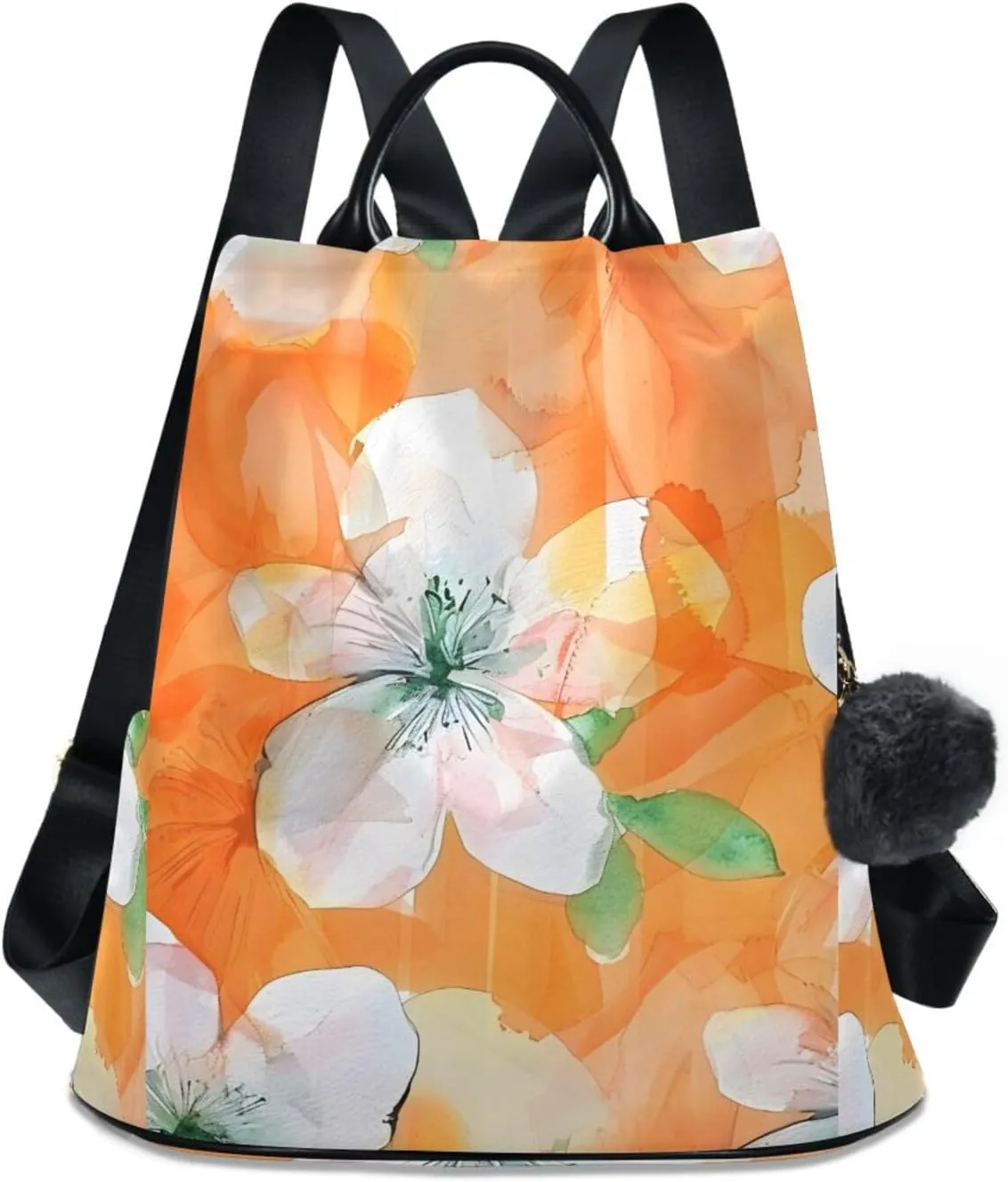 Backpack Purse for Women Orange Flowers Pattern Nylon Anti-theft Fashion Travel Back Pack Lightweight Shoulder Bag with Plush Ball Keychain