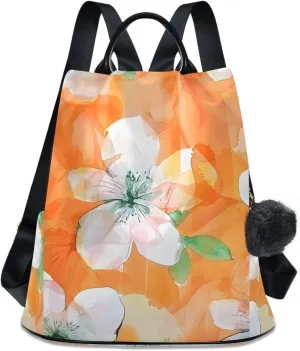 Backpack Purse for Women Orange Flowers Pattern Nylon Anti-theft Fashion Travel Back Pack Lightweight Shoulder Bag with Plush Ball Keychain