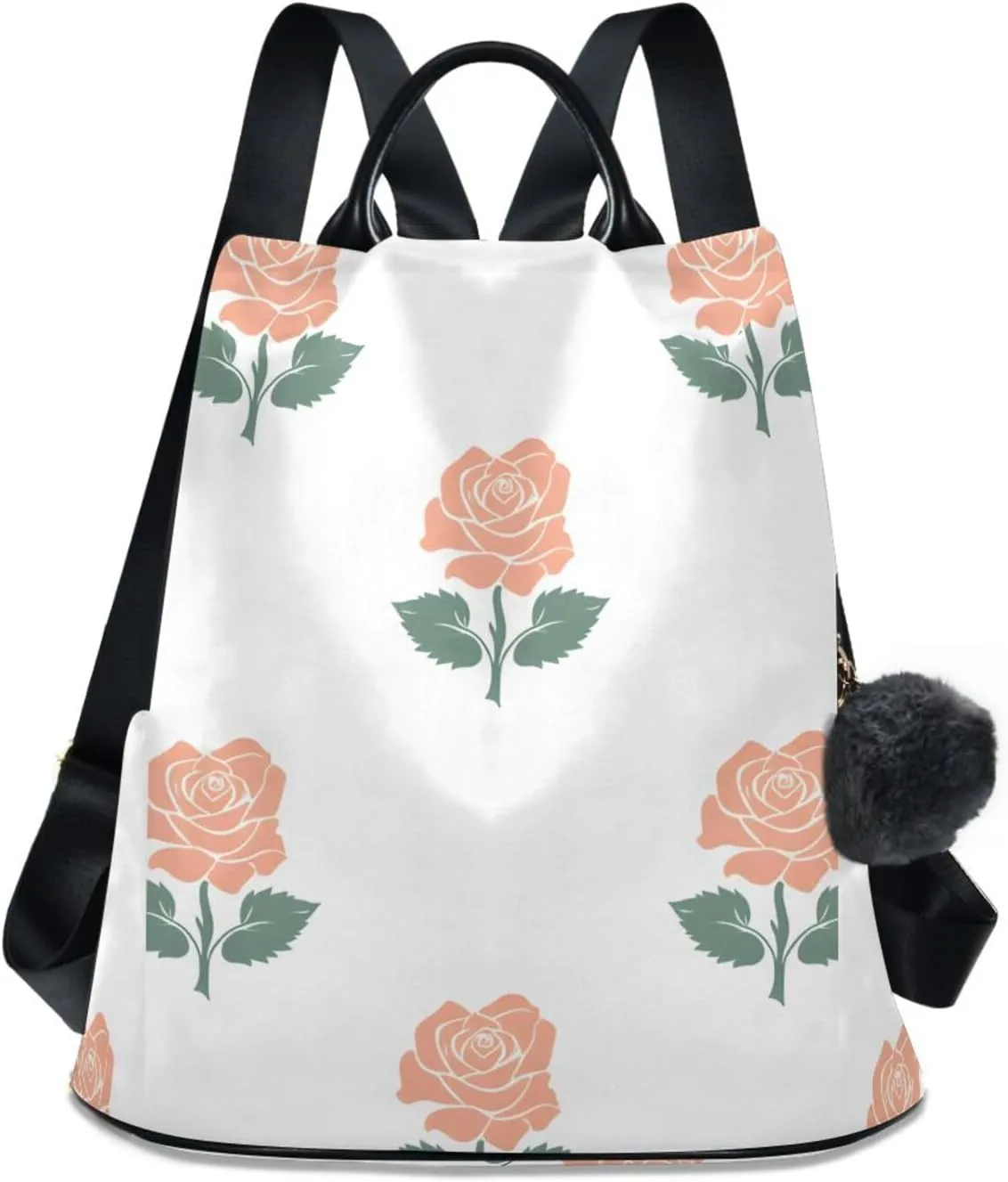 Backpack Purse for Women Pink Flower Leaves Pattern Nylon Anti-theft Fashion Travel Back Pack Lightweight Shoulder Bag with Plush Ball Keychain