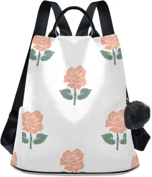 Backpack Purse for Women Pink Flower Leaves Pattern Nylon Anti-theft Fashion Travel Back Pack Lightweight Shoulder Bag with Plush Ball Keychain