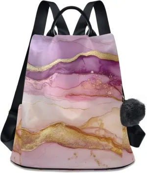 Backpack Purse for Women Pink Purple Gold Marble Ombre Pattern Nylon Anti-theft Fashion Travel Back Pack Lightweight Shoulder Bag with Plush Ball Keychain