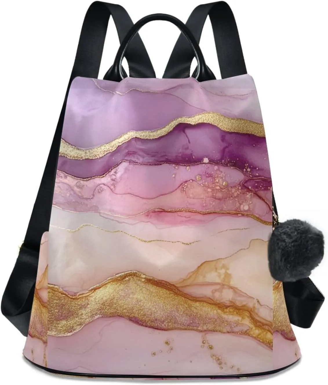 Backpack Purse for Women Pink Purple Gold Marble Ombre Pattern Nylon Anti-theft Fashion Travel Back Pack Lightweight Shoulder Bag with Plush Ball Keychain