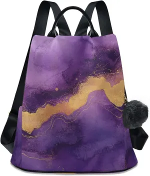 Backpack Purse for Women Purple Gold Marble Ombre Pattern Nylon Anti-theft Fashion Travel Back Pack Lightweight Shoulder Bag with Plush Ball Keychain