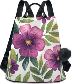 Backpack Purse for Women Purple Green Flower Pattern Nylon Anti-theft Fashion Travel Back Pack Lightweight Shoulder Bag with Plush Ball Keychain