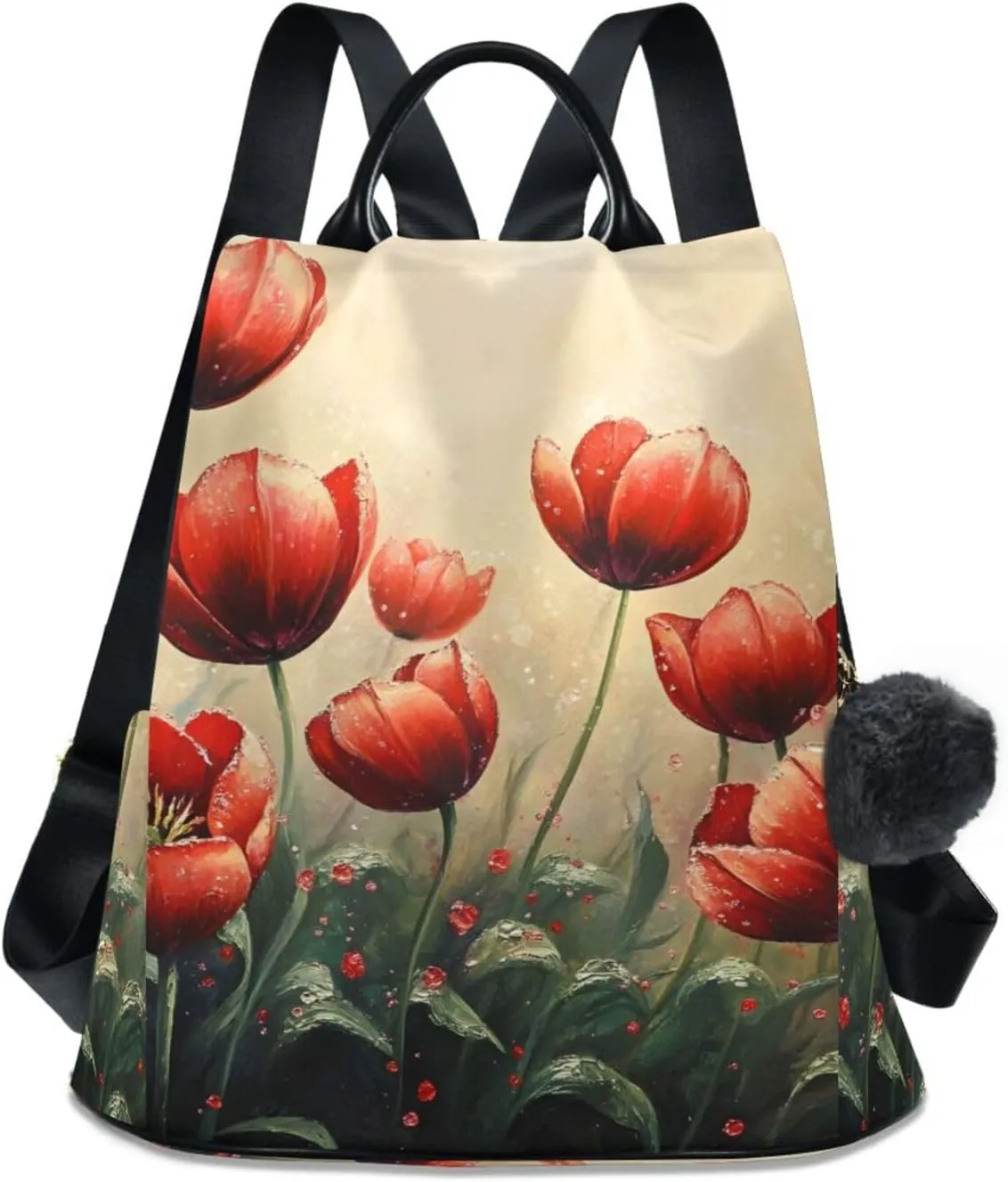 Backpack Purse for Women Red Flowers Leaves Oil Painting Nylon Anti-theft Fashion Travel Back Pack Lightweight Shoulder Bag with Plush Ball Keychain
