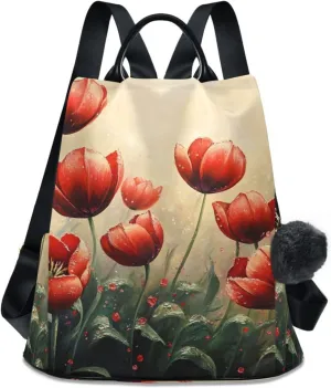 Backpack Purse for Women Red Flowers Leaves Oil Painting Nylon Anti-theft Fashion Travel Back Pack Lightweight Shoulder Bag with Plush Ball Keychain