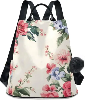 Backpack Purse for Women Red Pink Blue Flowers Pattern Nylon Anti-theft Fashion Travel Back Pack Lightweight Shoulder Bag with Plush Ball Keychain