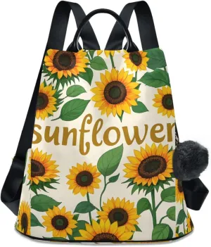 Backpack Purse for Women Sunflower Yellow Green Leaves Nylon Anti-theft Fashion Travel Back Pack Lightweight Shoulder Bag with Plush Ball Keychain