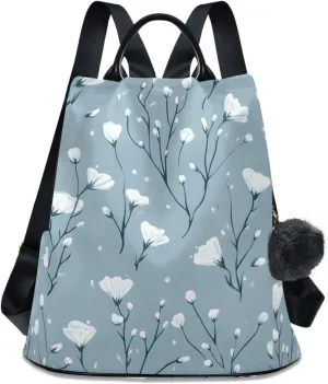 Backpack Purse for Women Tiny Flowers White Pattern Nylon Anti-theft Fashion Travel Back Pack Lightweight Shoulder Bag with Plush Ball Keychain