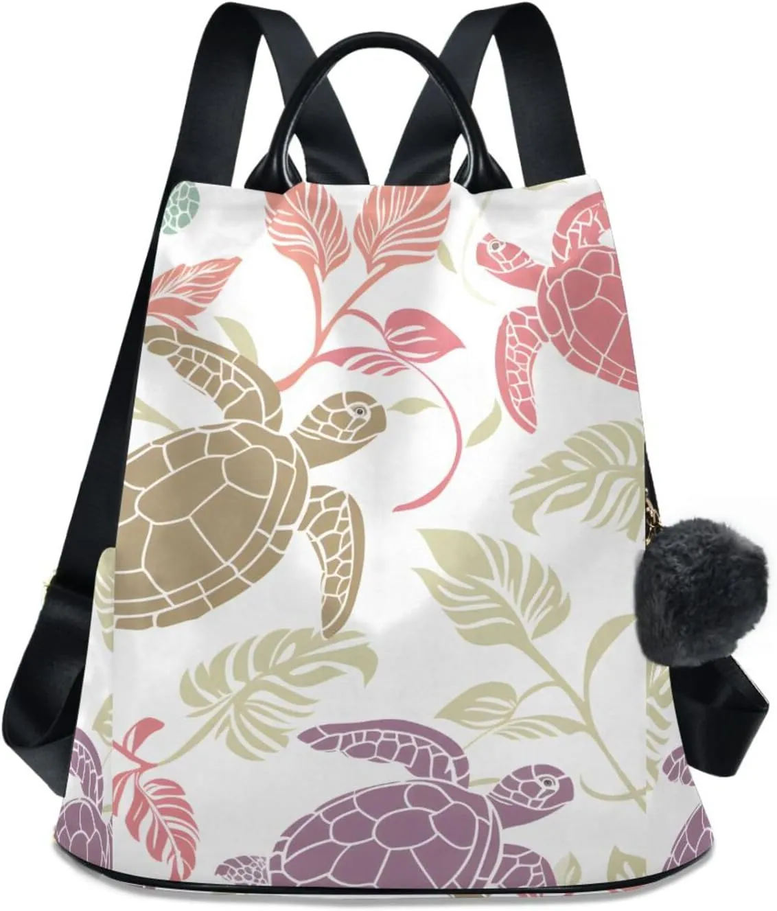 Backpack Purse for Women Turtles Tropical Leaves Pattern Nylon Anti-theft Fashion Travel Back Pack Lightweight Shoulder Bag with Plush Ball Keychain