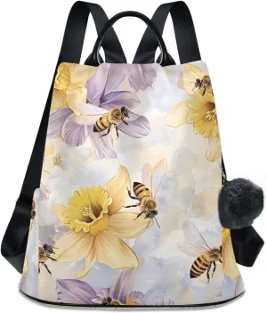 Backpack Purse for Women Watercolor Flower Bee Pattern Nylon Anti-theft Fashion Travel Back Pack Lightweight Shoulder Bag with Plush Ball Keychain