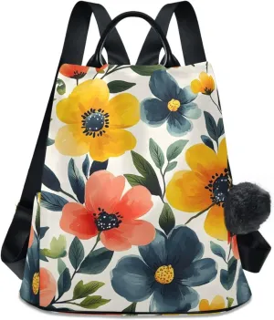 Backpack Purse for Women Watercolor Flowers Pattern Pink Yellow Nylon Anti-theft Fashion Travel Back Pack Lightweight Shoulder Bag with Plush Ball Keychain