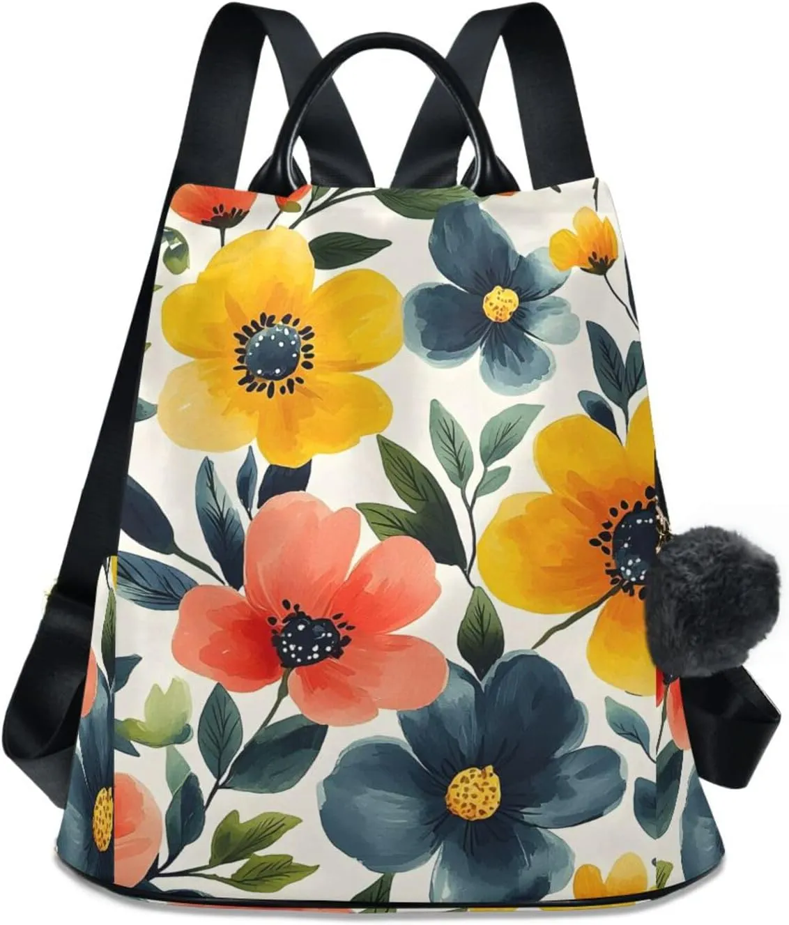 Backpack Purse for Women Watercolor Flowers Pattern Pink Yellow Nylon Anti-theft Fashion Travel Back Pack Lightweight Shoulder Bag with Plush Ball Keychain