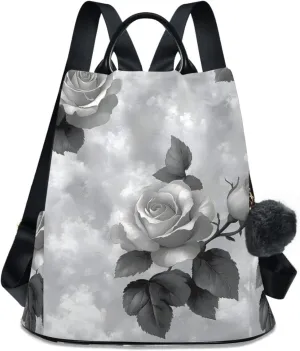 Backpack Purse for Women White Black Grey Flower Pattern Nylon Anti-theft Fashion Travel Back Pack Lightweight Shoulder Bag with Plush Ball Keychain
