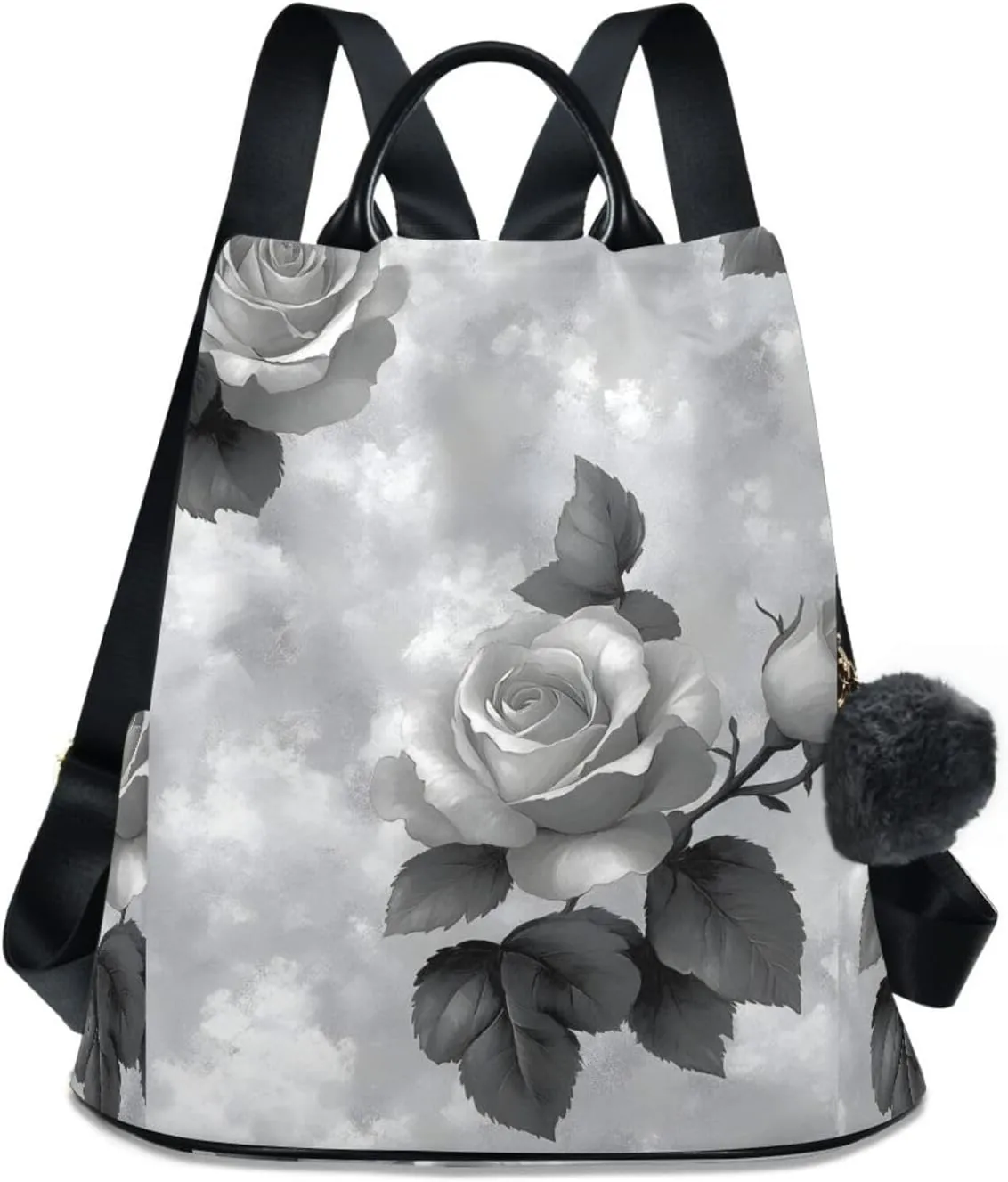 Backpack Purse for Women White Black Grey Flower Pattern Nylon Anti-theft Fashion Travel Back Pack Lightweight Shoulder Bag with Plush Ball Keychain