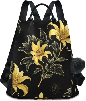 Backpack Purse for Women Yellow Flower Black Pattern Nylon Anti-theft Fashion Travel Back Pack Lightweight Shoulder Bag with Plush Ball Keychain