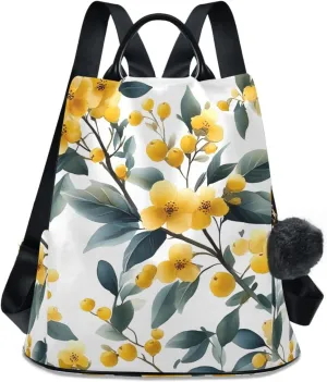 Backpack Purse for Women Yellow Flower Pattern Green Leaves Nylon Anti-theft Fashion Travel Back Pack Lightweight Shoulder Bag with Plush Ball Keychain