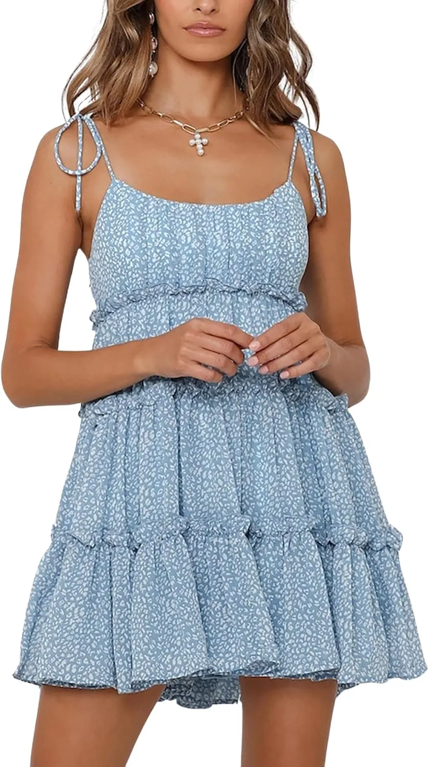 BAIMORE Women's Boho Floral Mini Dress Spaghetti Strap Backless Ruffle Tiered Flowy Beach Dress