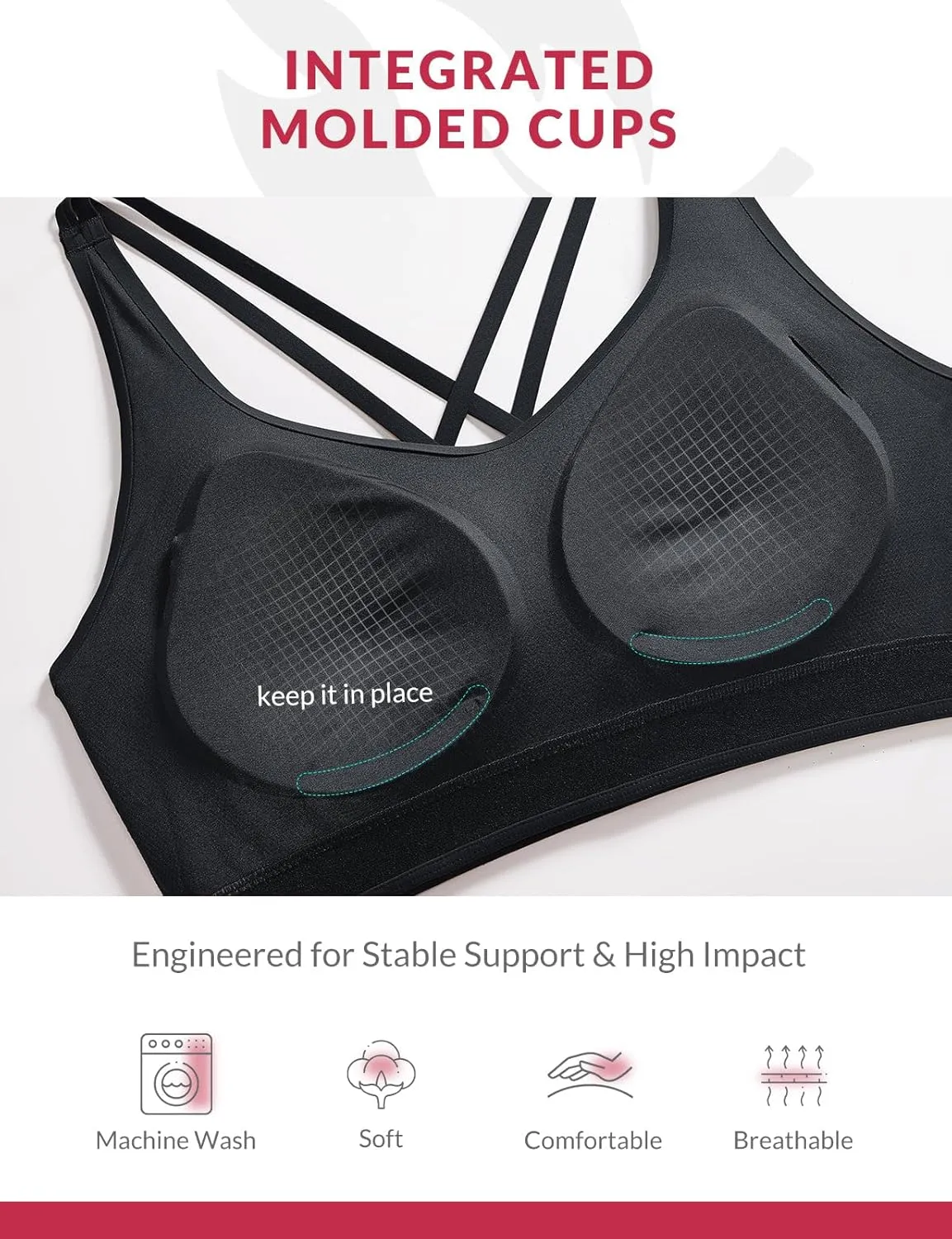 baleaf Nuleaf Sports Bras for Women, Strappy Longline Yoga Padded Bras, High Impact Molded Cups Workout Crop Top