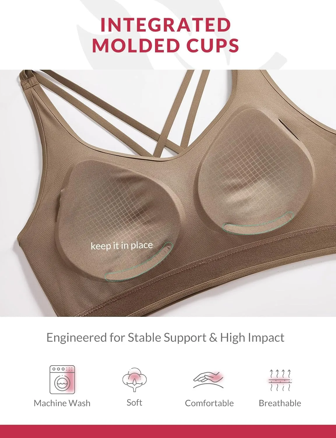 baleaf Nuleaf Sports Bras for Women, Strappy Longline Yoga Padded Bras, High Impact Molded Cups Workout Crop Top