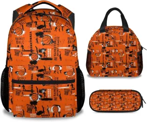 Basketball Backpack with Lunch Box and Pencil Case Set, 3 in 1 Matching Boys Orange Backpacks Combo, Cool Bookbag and Pencil Case Bundle