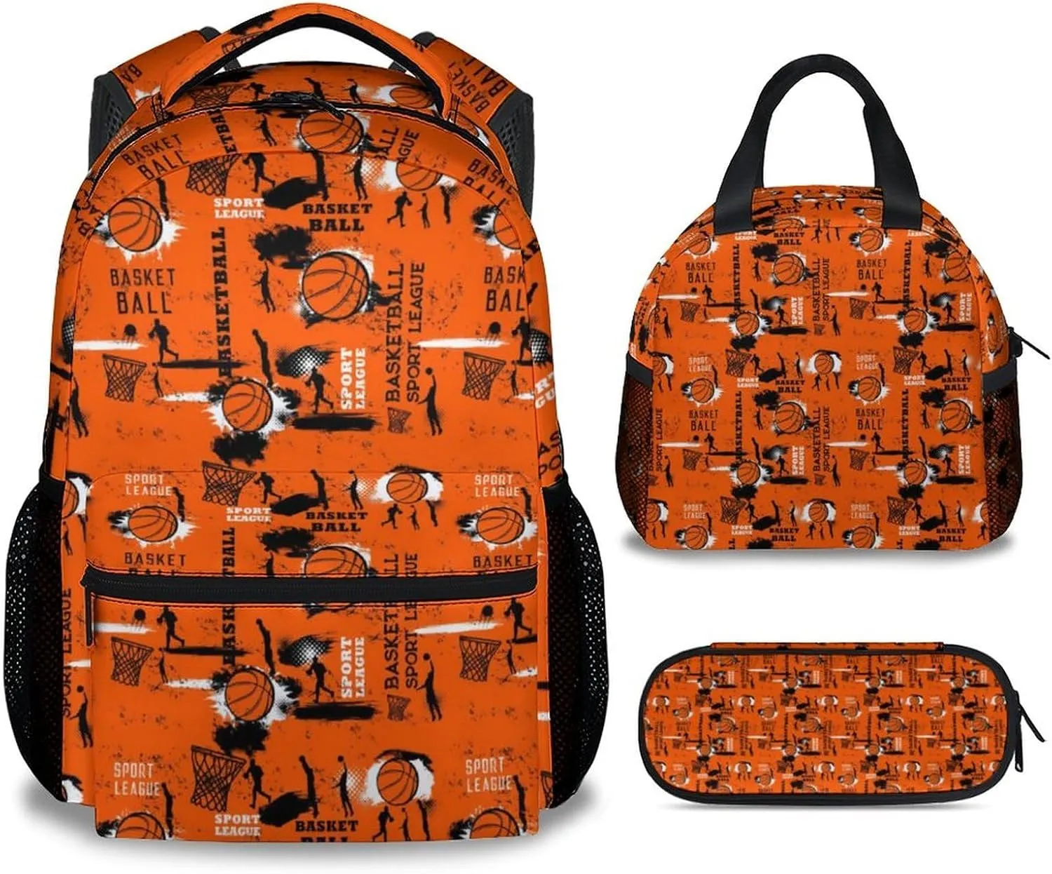 Basketball Backpack with Lunch Box and Pencil Case Set, 3 in 1 Matching Boys Orange Backpacks Combo, Cool Bookbag and Pencil Case Bundle