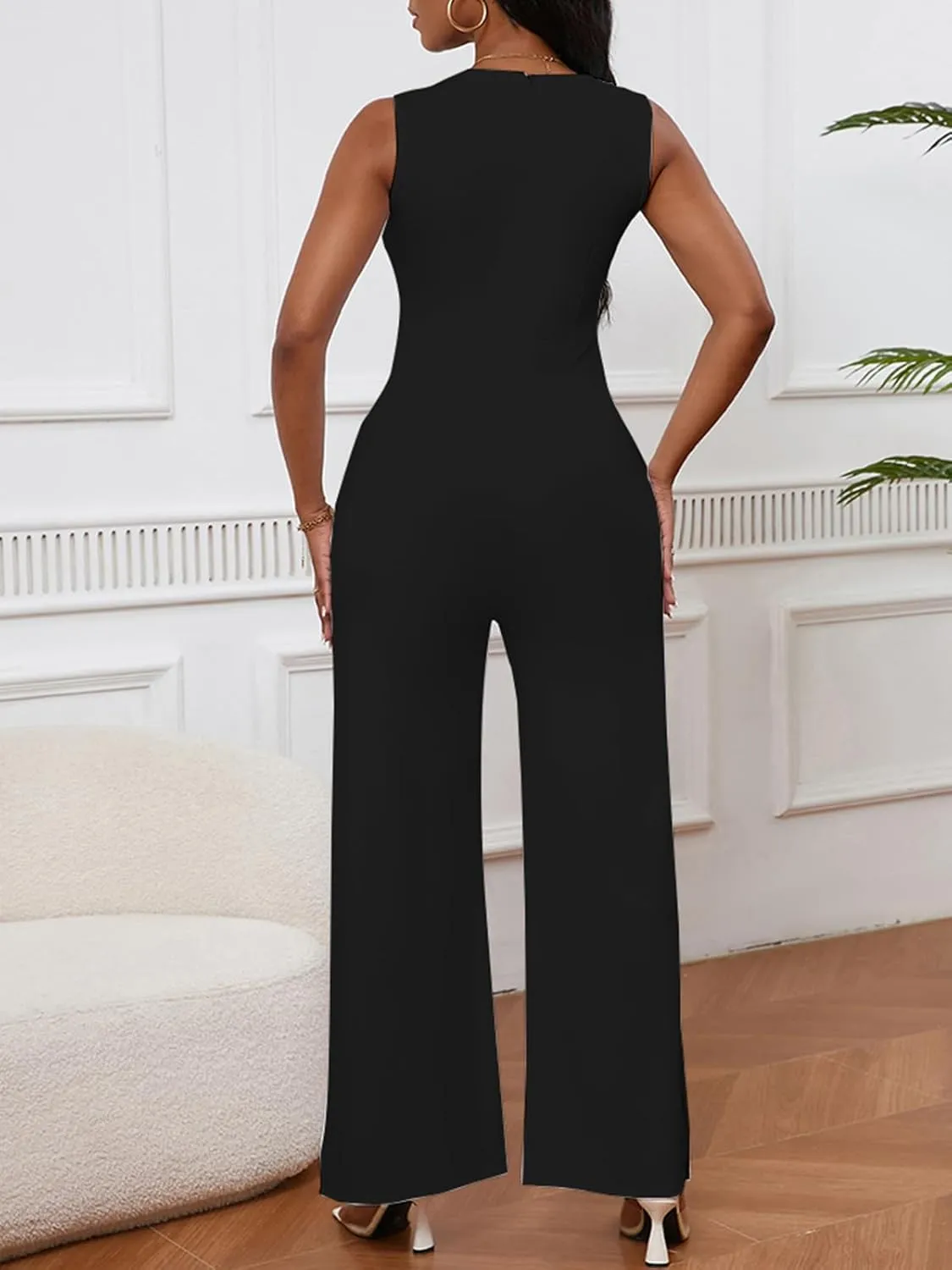 Bdwinz Womens Summer Sleeveless V Neck Jumpsuits Casual One Piece Wide Leg Long Jumpsuits for Women Dressy