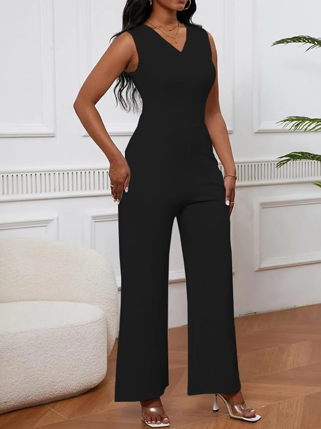 Bdwinz Womens Summer Sleeveless V Neck Jumpsuits Casual One Piece Wide Leg Long Jumpsuits for Women Dressy